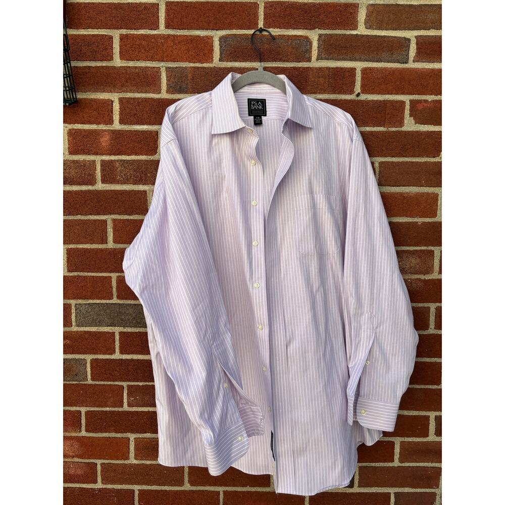 Jos A Bank Traveler Dress Shirt 17 34 Purple White Stripe 100% Cotton Mens - Picture 3 of 12